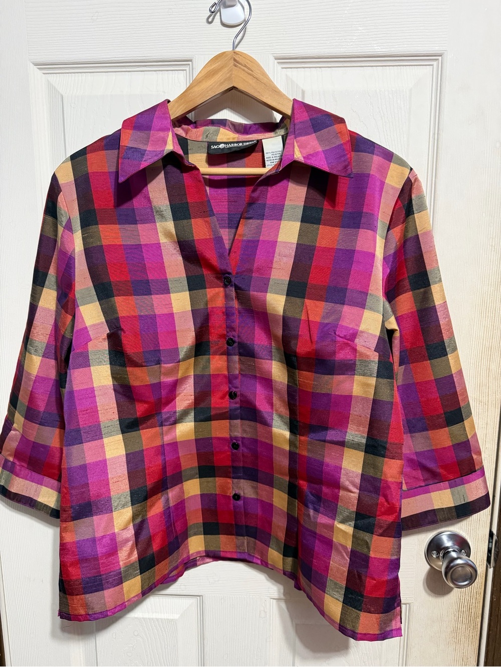 Sag Harbor Women’s Plaid Blazer in Pink, Red & Yellow Size 14 100% Polyester